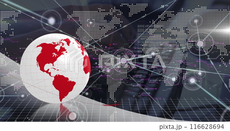 Digital world map with network connections and red globe in foreground 116628694