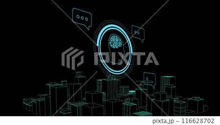 AI brain icon and chat bubbles in digital cityscape, representing artificial intelligence 116628702