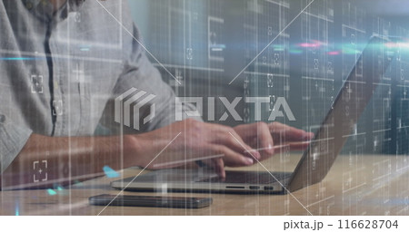 Typing on laptop, person working with smartphone on desk, digital interface overlay Typing on laptop, person working with smartphone on desk, digital interface overlay 116628704