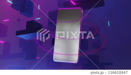Futuristic smartphone with neon lights and abstract shapes for digital finance concept Futuristic smartphone with neon lights and abstract shapes for digital finance concept 116628847