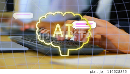 Typing on keyboard, person working on artificial intelligence project with chat bubbles Typing on keyboard, person working on artificial intelligence project with chat bubbles 116628886