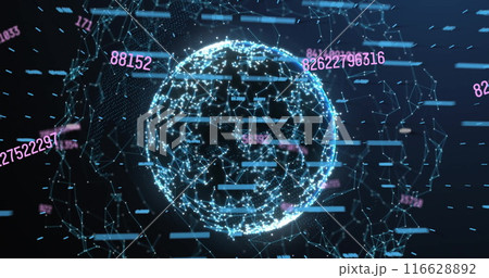 Digital globe with data points and numbers representing global finance network 116628892