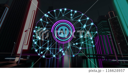Glowing AI neural network in neon cityscape representing artificial intelligence technology 116628937