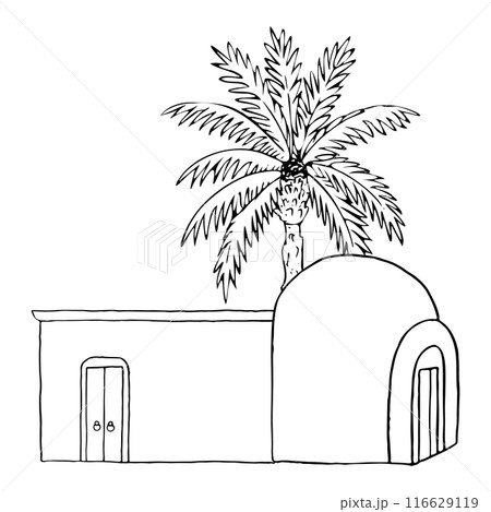 Egyptian Arabic clay hut with palm tree simple line vector illustration in black and white. Middle East traditional one story desert house 116629119