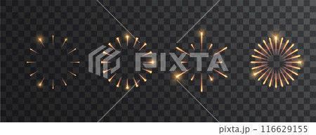 Fireworks in various shapes isolated set. Christmas, New Year, or Birthday holiday design light elements 116629155