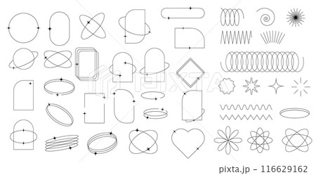 Trendy linear frames with sparkles, Y2k geometric forms. Arch frame with stars for social media or poster design. Simple decorative boho style border collection. 116629162