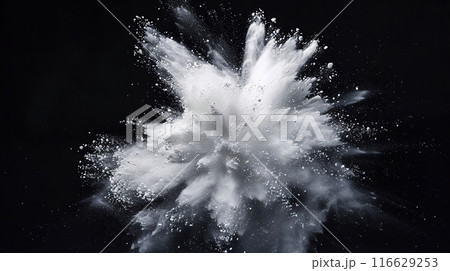 White powder explosion isolated on black background. Flour particles splash. Color Holi festival. Close-Up white powder splashing. Abstract snow cloud fly. Pile scattered. Dust explode. Freeze motion 116629253