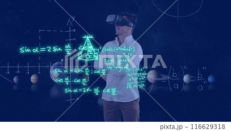 Image of scientific data processing over caucasian man in vr headset 116629318