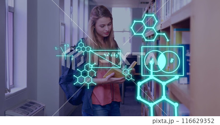 Image of scientific data processing over caucasian female student Image of scientific data processing over caucasian female student 116629352