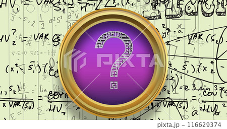 Question mark symbol over purple round banner against mathematical equations on yellow background Question mark symbol over purple round banner against mathematical equations on yellow background 116629374