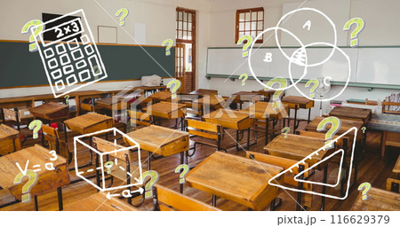 Image of school icons and question marks over empty classroom Image of school icons and question marks over empty classroom 116629379