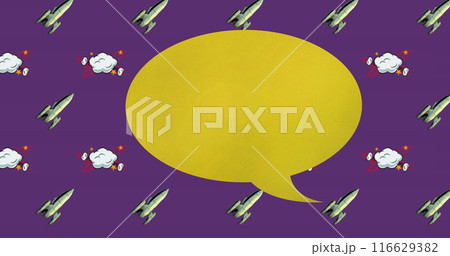 Image of speech bubble and icons over purple background Image of speech bubble and icons over purple background 116629382