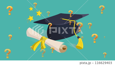 Image of question mark and graduation cap on green background Image of question mark and graduation cap on green background 116629403