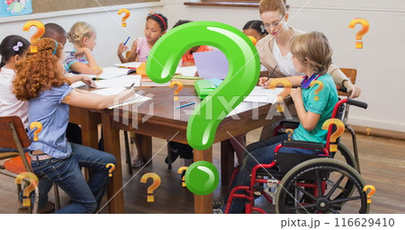 Image of question marks over diverse schoolchildren and teacher in classroom Image of question marks over diverse schoolchildren and teacher in classroom 116629410