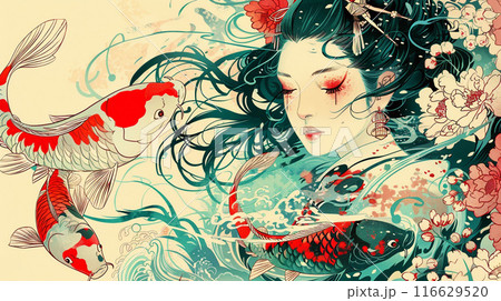 日本の伝統的な浮世絵風のイラスト 女性と龍と魚と花 日本の伝統的な浮世絵風のイラスト 女性と龍と魚と花 116629520
