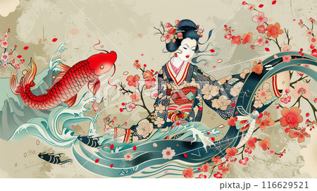 日本の伝統的な浮世絵風のイラスト 女性と龍と魚と花 日本の伝統的な浮世絵風のイラスト 女性と龍と魚と花 116629521