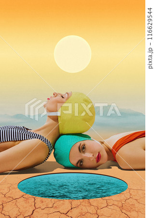 Two women in vintage swim caps lying on cracked, dry surface, near small water-filled pool under bright sun. Contemporary art collage. Two women in vintage swim caps lying on cracked, dry surface, near small water-filled pool under bright sun. Contemporary art collage. 116629544