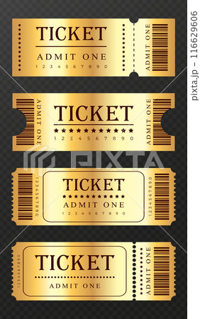 Abstract golden tickets templates on dark transparent background. Festival, cinema, theater, concert, casino, circus, event Golden tickets with barcode, front view. Vector illustration Abstract golden tickets templates on dark transparent background. Festival, cinema, theater, concert, casino, circus, event Golden tickets with barcode, front view. Vector illustration 116629606