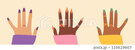 Set of women hands with animal print nail design. Leopard and zebra pattern nail art. Bright colorful manicure design 116629607