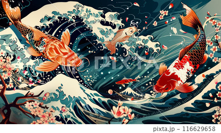 浮世絵風 波と魚のアート作品 絵画 浮世絵風 波と魚のアート作品 絵画 浮世絵風 波と魚のアート作品 絵画