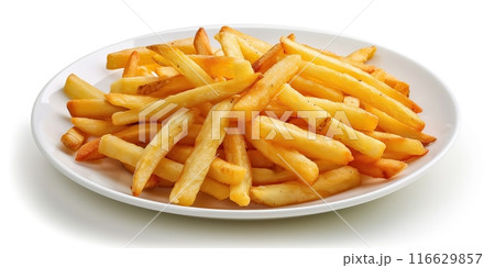 Delicious looking French fries. Salted potato fry in a white bowl on a white isolated background. Pile of frites. Golden homemade deep fried salty french fries serving on a plate. Very good chips 116629857
