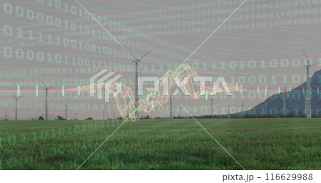 Image of binary coding and against spinning windmills on grassland 116629988