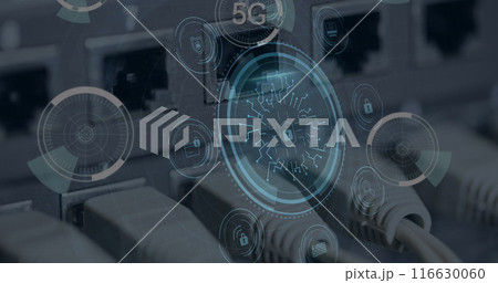 Image of circuit board pattern and padlocks in shield and icons, 5g text, back panel of router Image of circuit board pattern and padlocks in shield and icons, 5g text, back panel of router 116630060
