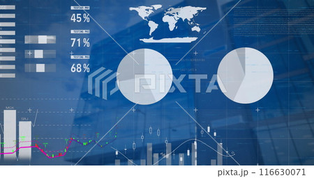 Image of financial data processing over modern office building Image of financial data processing over modern office building 116630071