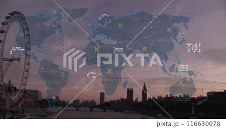 Image of financial data processing over wold map and london cityscape Image of financial data processing over wold map and london cityscape 116630078