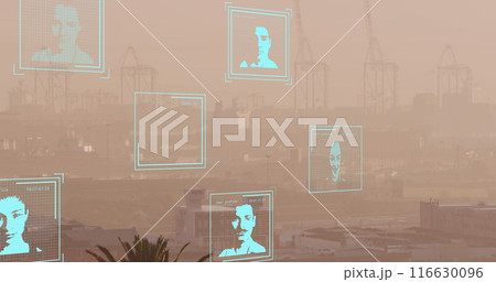 Image of biometric photos and data processing over cityscape 116630096