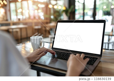 Woman using laptop in office sitting at cafe. Empty blank white screen mockup. Copy space area for text, logo, app. Person working, female hands typing. Mock up display PC. Business websites, service Woman using laptop in office sitting at cafe. Empty blank white screen mockup. Copy space area for text, logo, app. Person working, female hands typing. Mock up display PC. Business websites, service 116630139