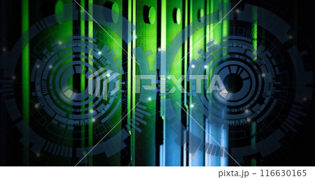 Image of two blue round scanner spinning against computer server room 116630165