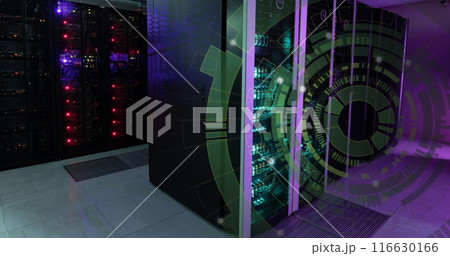 Image of green round scanner spinning against computer server room 116630166
