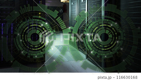 Image of two green round scanner spinning against computer server room 116630168