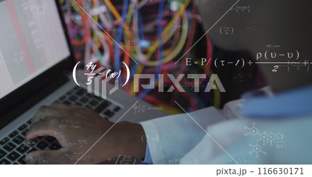Image of mathematical equations over african american male engineer using laptop at server room Image of mathematical equations over african american male engineer using laptop at server room 116630171