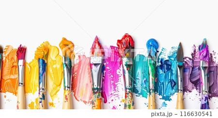 Set of different dirty paint brushes with gouache isolated on white. Composition of colorful painting brushes for drawing arranged in a row. Concept of hobbies and creativity. Banner with copy space 116630541