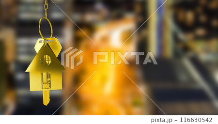 Image of hanging golden house keys against blurred view of night cityscape with copy space 116630542