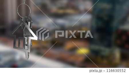 Image of hanging silver house keys against blurred view of cityscape with copy space 116630552