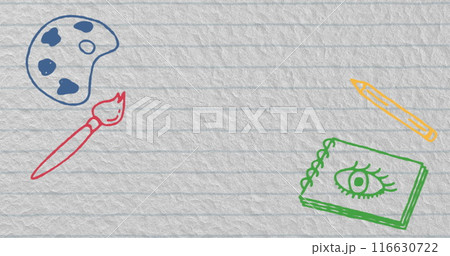 Image of multiple school items moving on white lined paper 116630722
