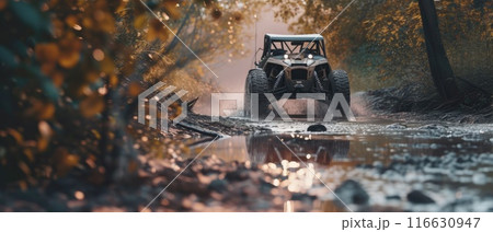 A buggy rides at through the jungle. Extreme. Splashes, dirt, branches, stones. Off-road racing. Auto-sport. Generative ai. Jungle. Sport 116630947
