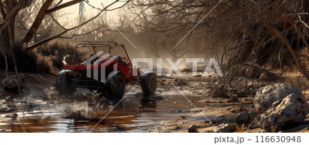 A buggy rides at through the jungle. Extreme. Splashes, dirt, branches, stones. Off-road racing. Auto-sport. Generative ai. Jungle. Sport 116630948
