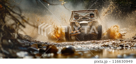 A buggy rides at through the jungle. Extreme. Splashes, dirt, branches, stones. Off-road racing. Auto-sport. Generative ai. Jungle. Sport 116630949