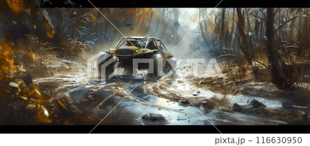A buggy rides at through the jungle. Extreme. Splashes, dirt, branches, stones. Off-road racing. Auto-sport. Generative ai. Jungle. Sport 116630950