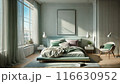Minimalist Bedroom with Mint and Lavender Accents 116630952