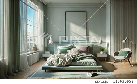 Minimalist Bedroom with Mint and Lavender Accents 116630952