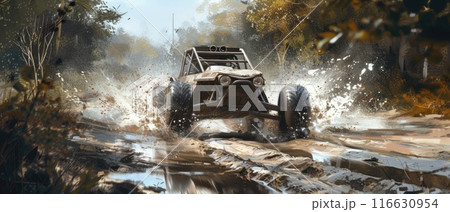 A buggy rides at through the jungle. Extreme. Splashes, dirt, branches, stones. Off-road racing. Auto-sport. Generative ai. Jungle. Sport 116630954