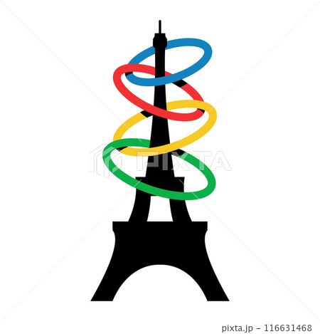 France 2024. French Eifel Tower in Paris. Symbol of sports games. Illustration of colored rings. Summer games vector logo. France 2024. French Eifel Tower in Paris. Symbol of sports games. Illustration of colored rings. Summer games vector logo. 116631468