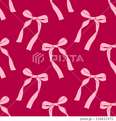 Seamless pattern with ribbon bows. Ballet, coquette core print. Hand drawn pink girly background for fabric, wrapping paper, textile 116631471