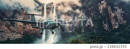 Small white airplane flies over mountainous landscape with green vegetation. Majestic mountain range provides contrast to airplane color. Perfect for travel agency and tours. Small white airplane flies over mountainous landscape with green vegetation. Majestic mountain range provides contrast to airplane color. Perfect for travel agency and tours. 116632355