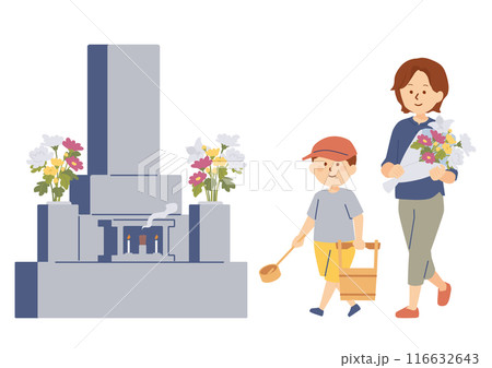 お墓参りに来た親子のイラスト 116632643